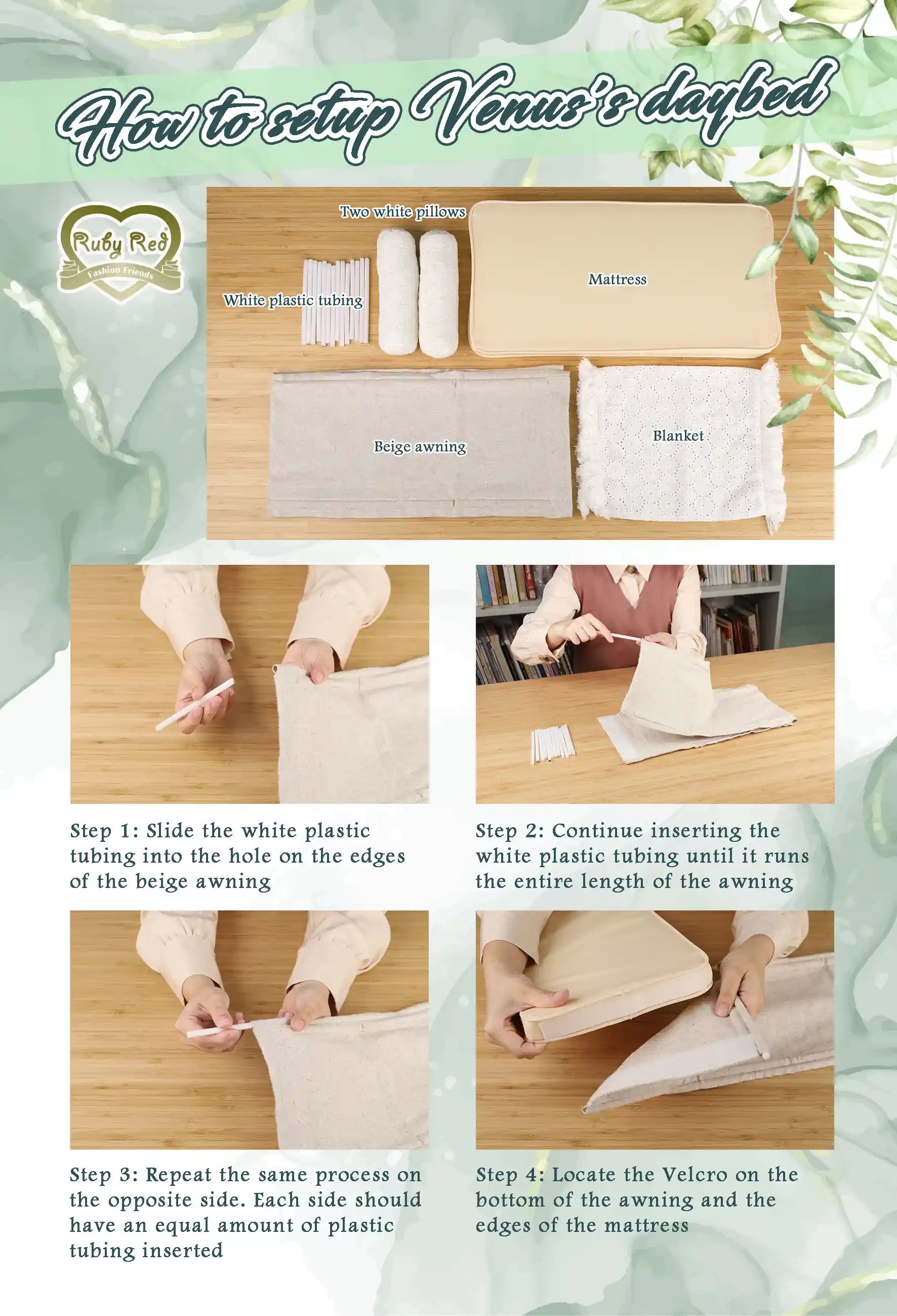 Step-by-step guide on how to set up Venus's daybed with labeled components and actions.