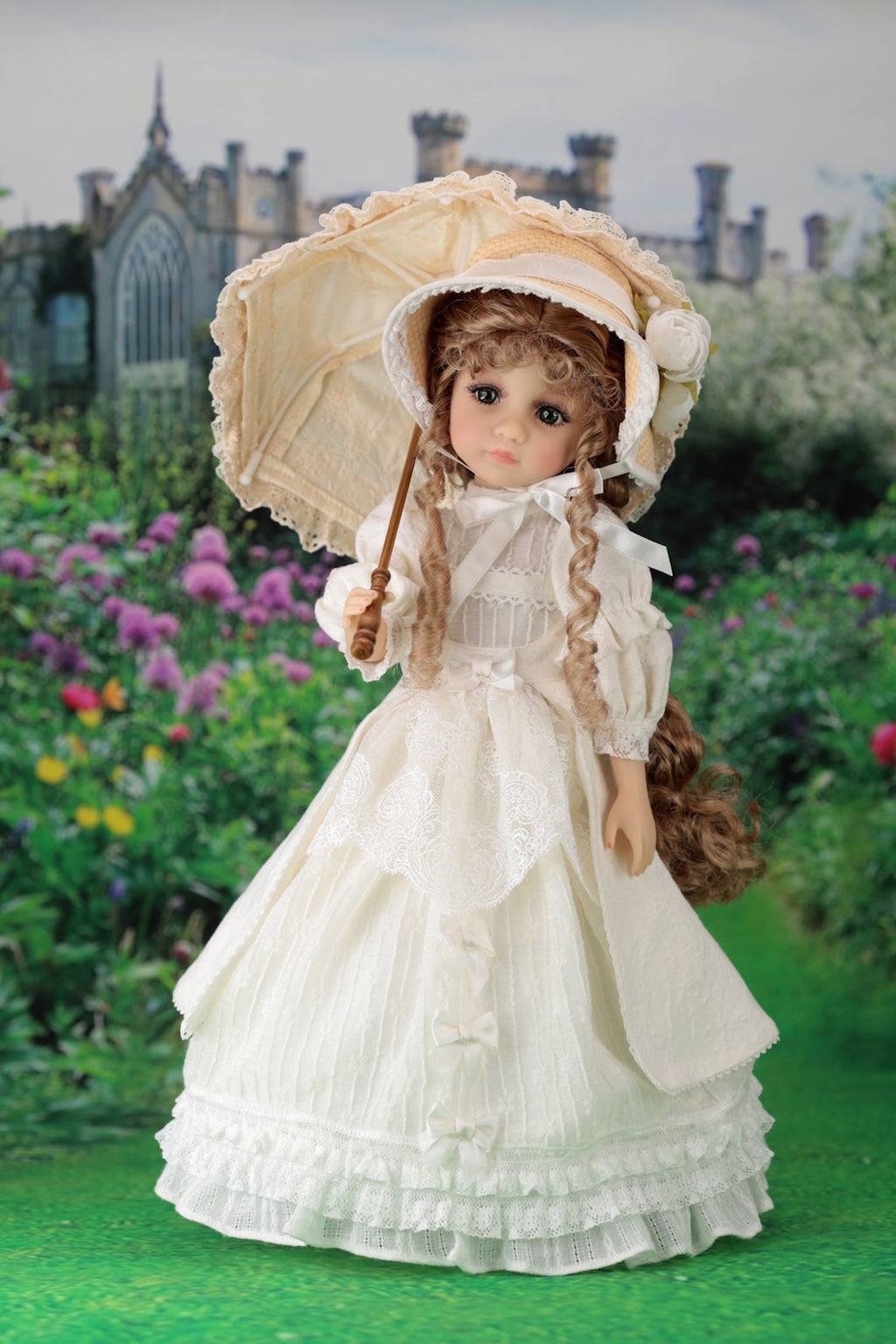 Doll in a vintage outfit with a bonnet and parasol in a garden setting