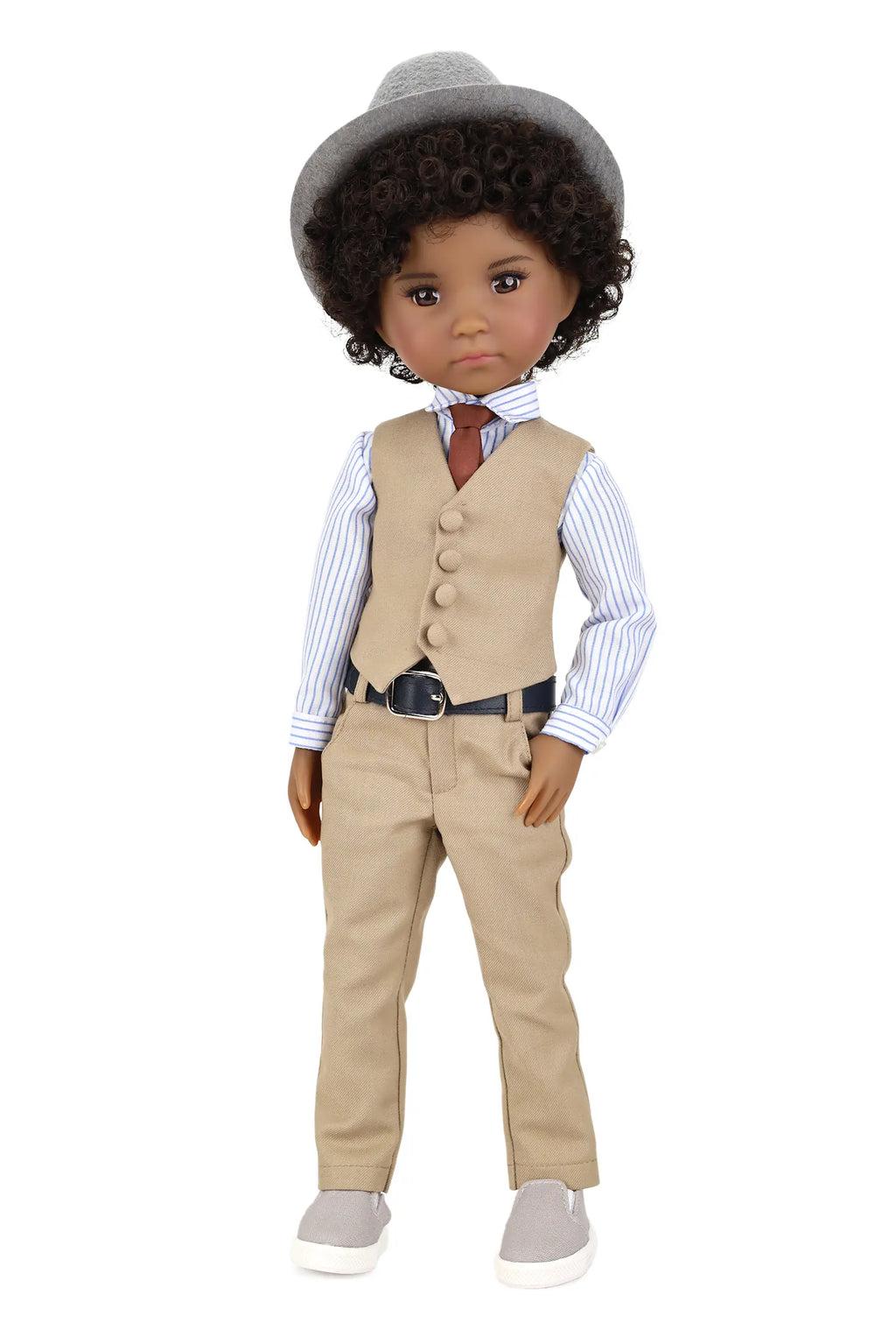 Doll wearing a beige suit with a hat on a white background