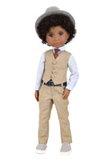 Doll wearing a beige suit with a hat on a white background