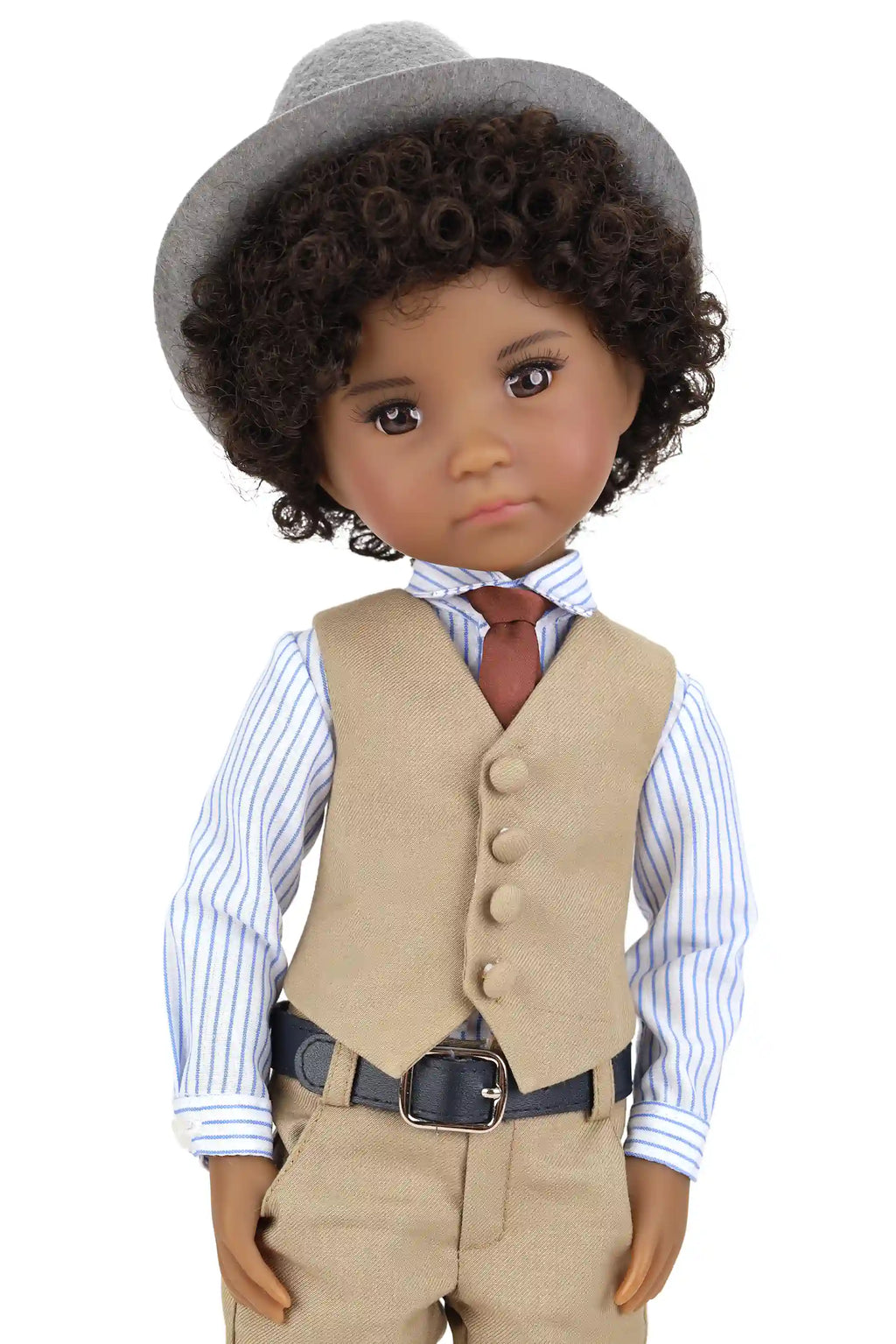 Doll wearing a formal outfit with a vest, pants, and hat on a white background