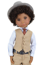 Doll wearing a formal outfit with a vest, pants, and hat on a white background