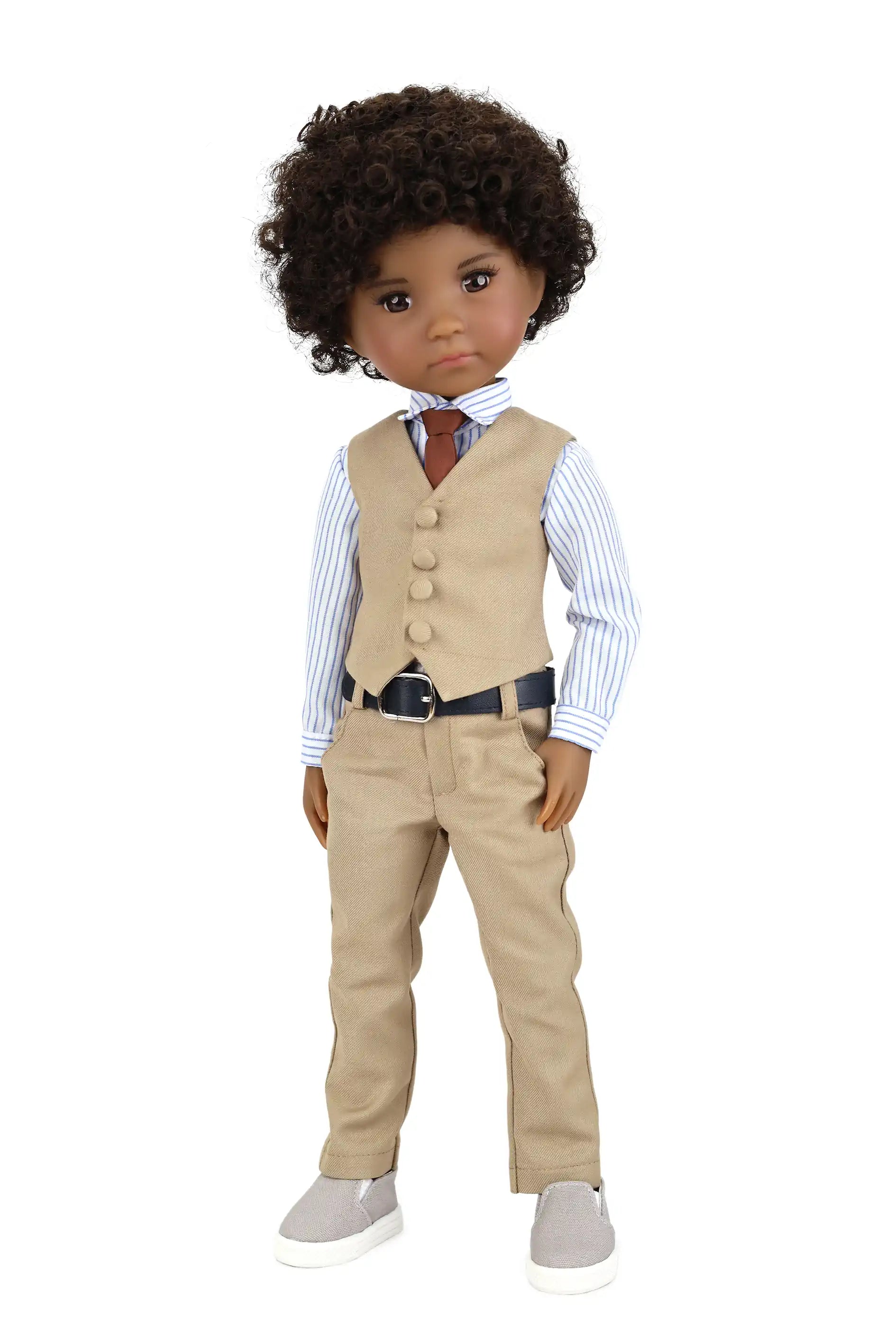 Doll wearing a beige suit with a white shirt on a white background