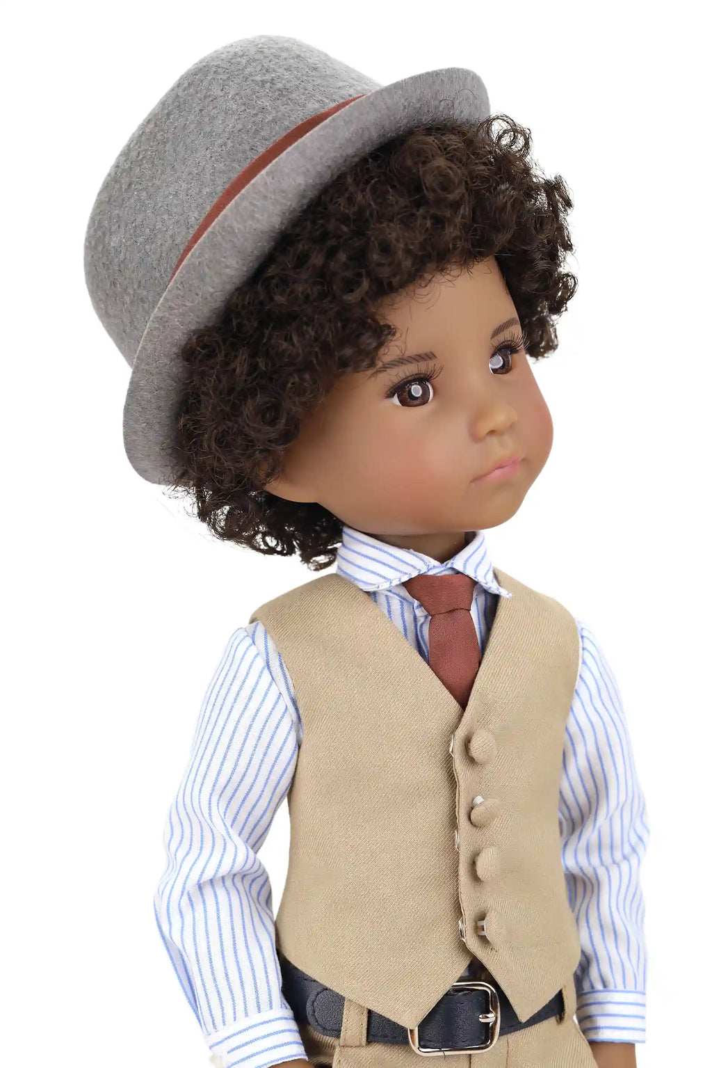 Doll with curly hair wearing a gray hat, beige vest, striped shirt, and tie on a white background