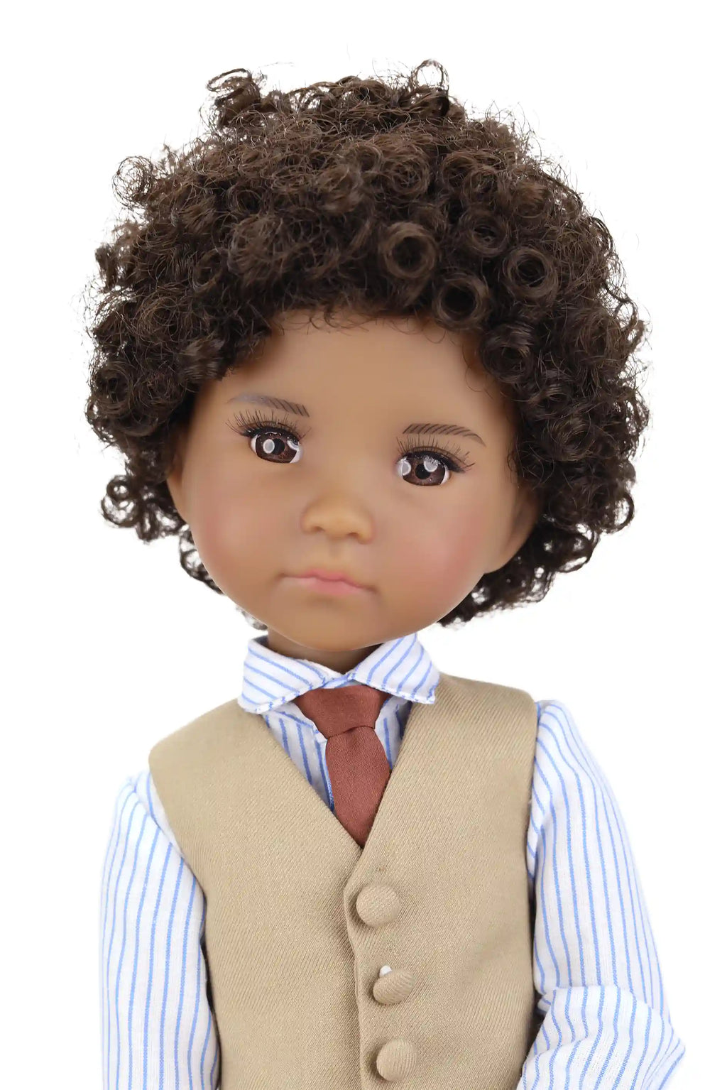 Doll with curly hair wearing a beige vest and striped shirt on a white background