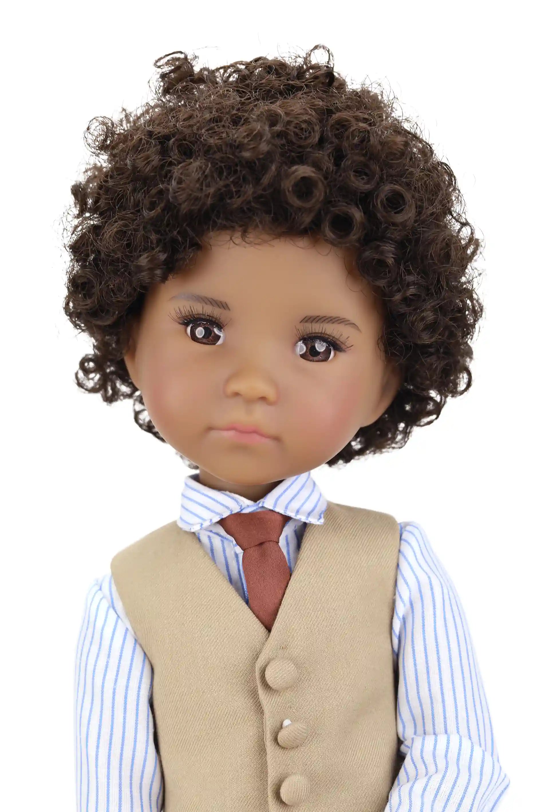 Doll with curly hair wearing a beige vest and striped shirt on a white background