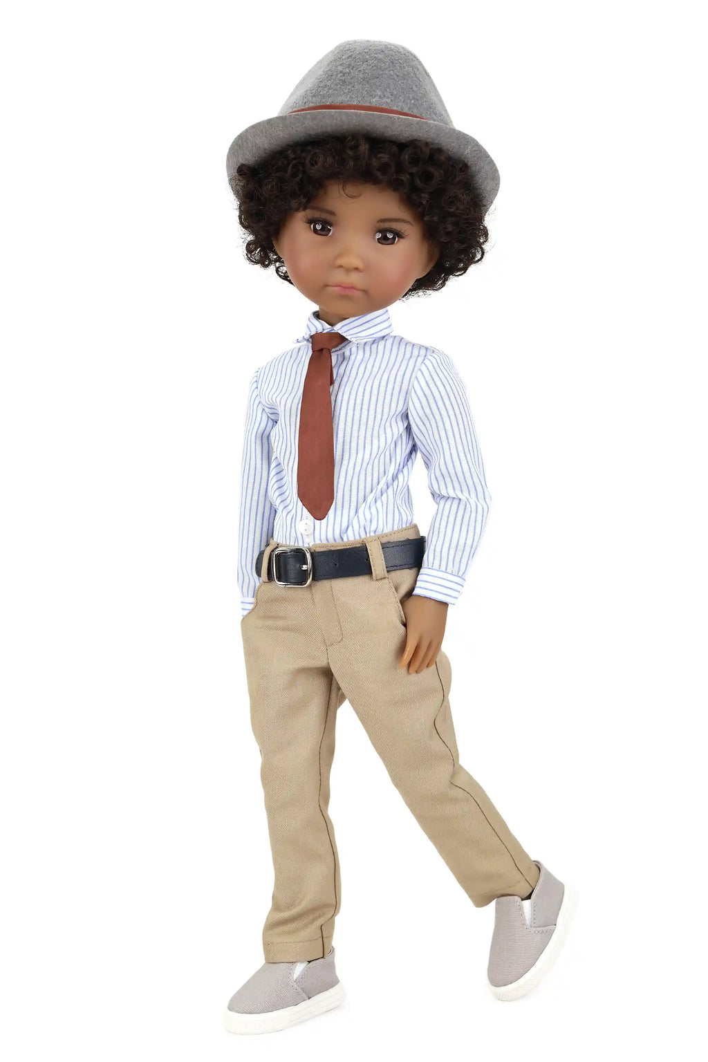 Doll wearing a formal outfit with a hat, shirt, tie, and pants on a white background