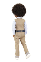 Doll wearing a beige suit with a white shirt on a white background