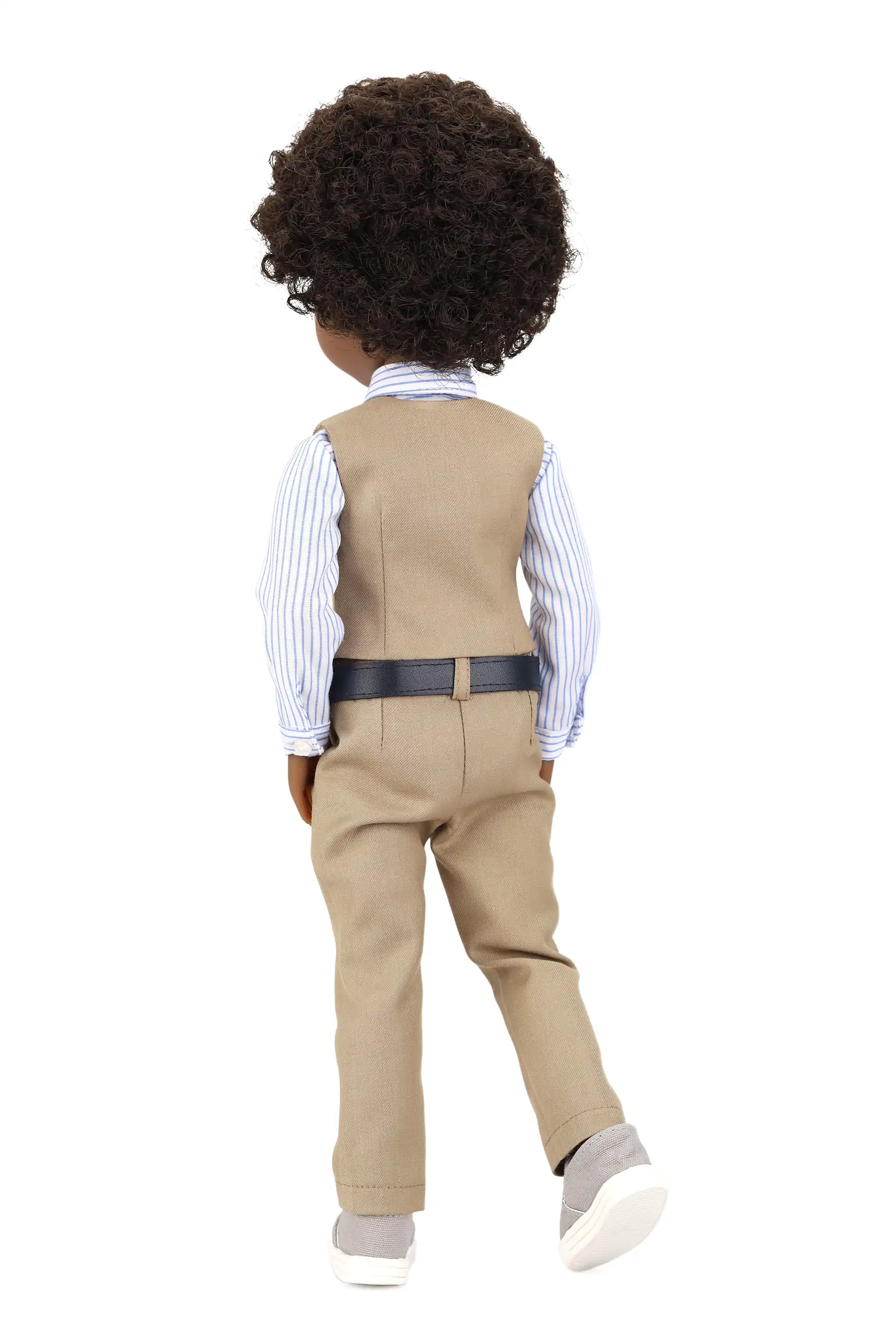 Doll wearing a beige suit with a white shirt on a white background