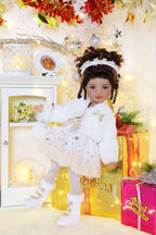 Doll in a festive setting with Christmas decorations and presents