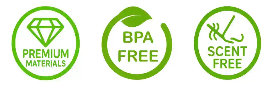 Three green icons indicating 
'Premium Materials'. 'BPA Free' and 'Scent Free' on a white background.