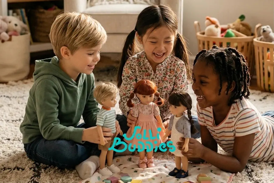Children playing with dolls on a carpeted floor, with 'JolliBuddies' branding visible.