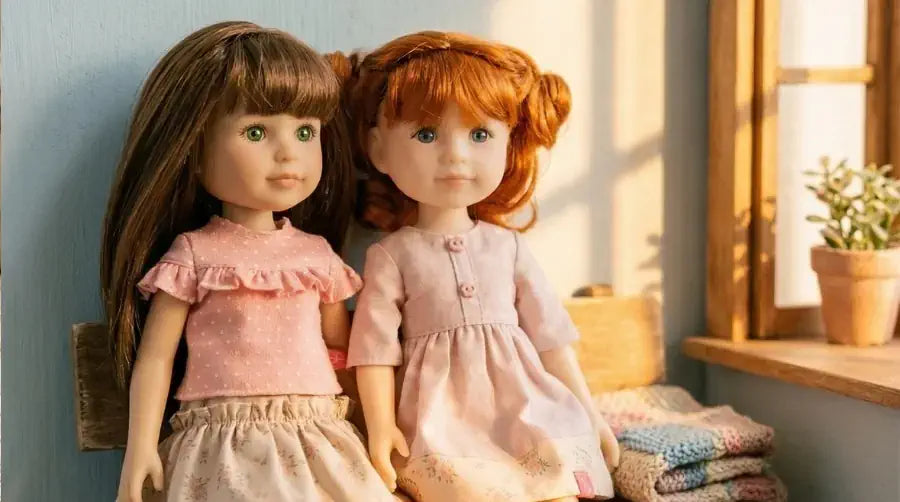 Two dolls sitting on a wooden stool with a soft light in a room.