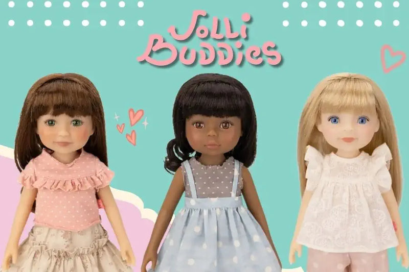 Three Jolli Buddies dolls with different hairstyles and outfits on a turquoise background with 'Jolli Buddies' text.