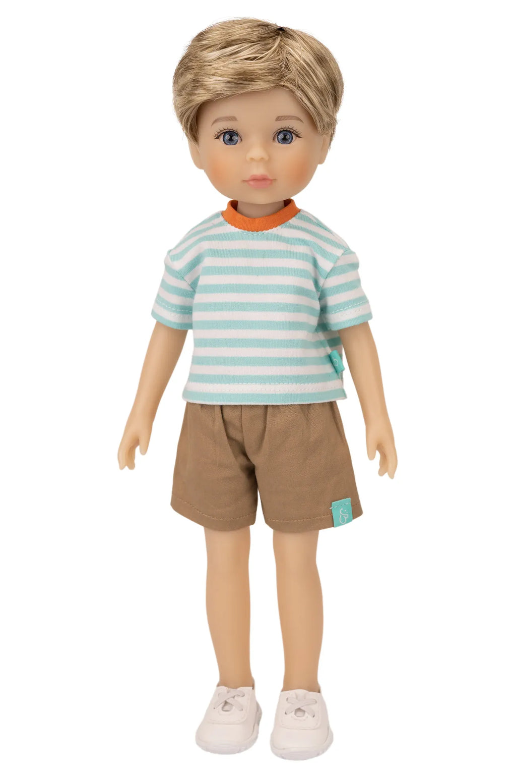 Jolli Buddies Benjamin Doll wearing a striped shirt and shorts on a white background