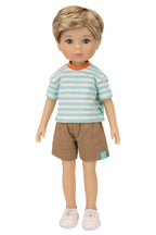 Jolli Buddies Benjamin Doll wearing a striped shirt and shorts on a white background