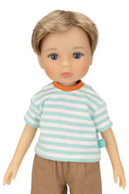 Jolli Buddies Benjamin Doll wearing a striped shirt and brown pants on a white background