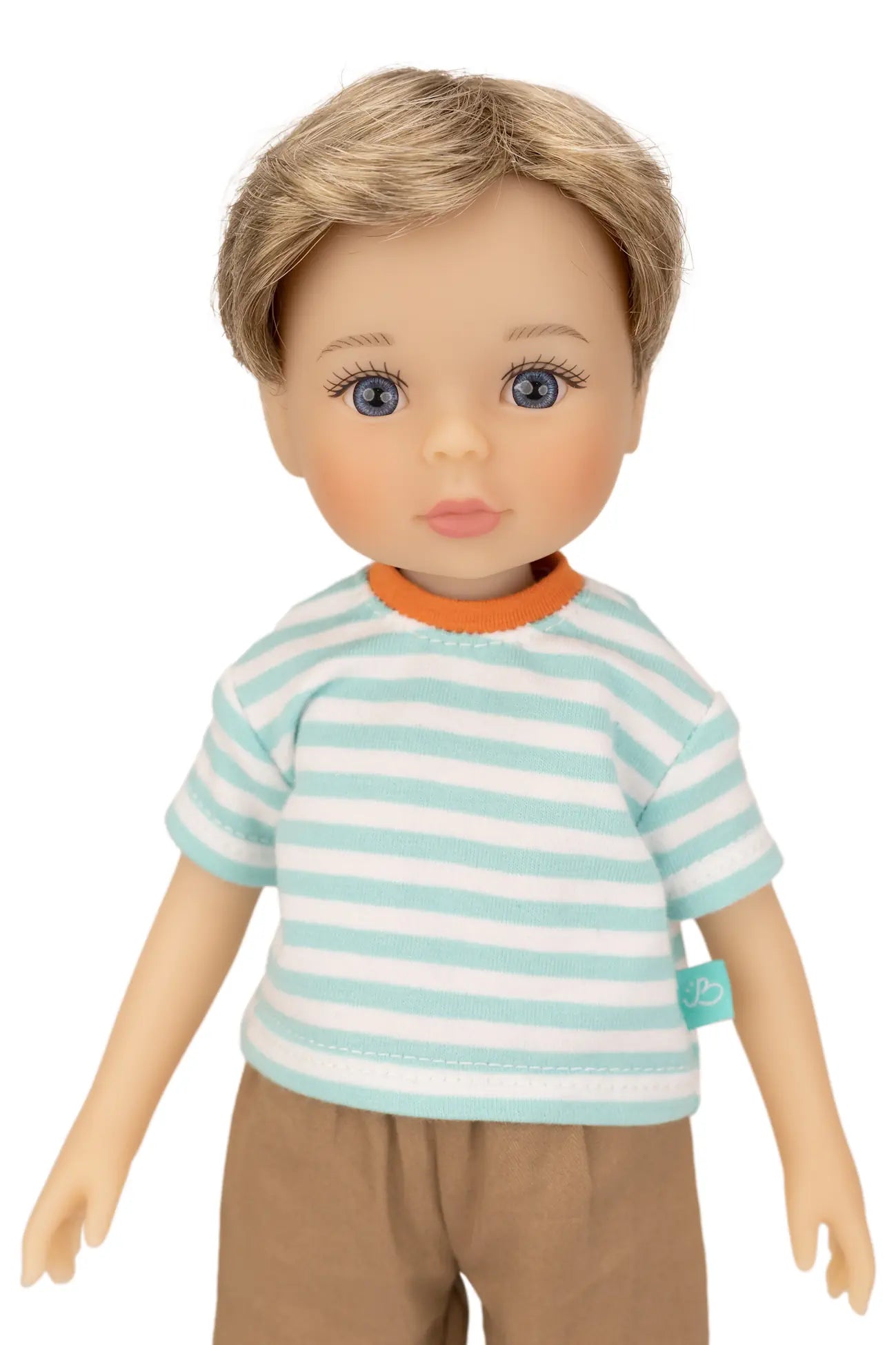 Jolli Buddies Benjamin Doll wearing a striped shirt and brown pants on a white background