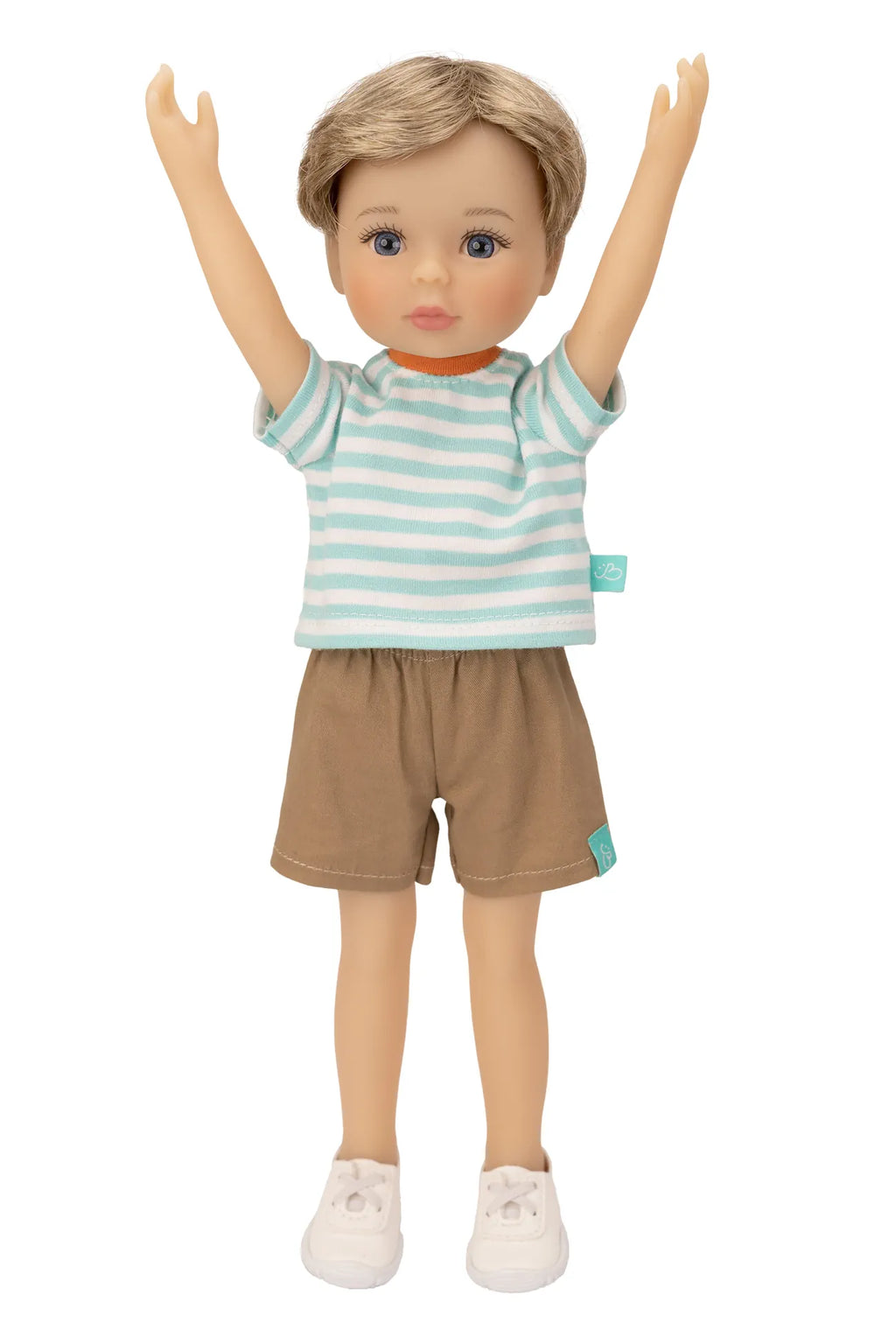 Jolli Buddies Benjamin Doll wearing a striped shirt and shorts with a white background