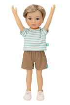 Jolli Buddies Benjamin Doll wearing a striped shirt and shorts with a white background
