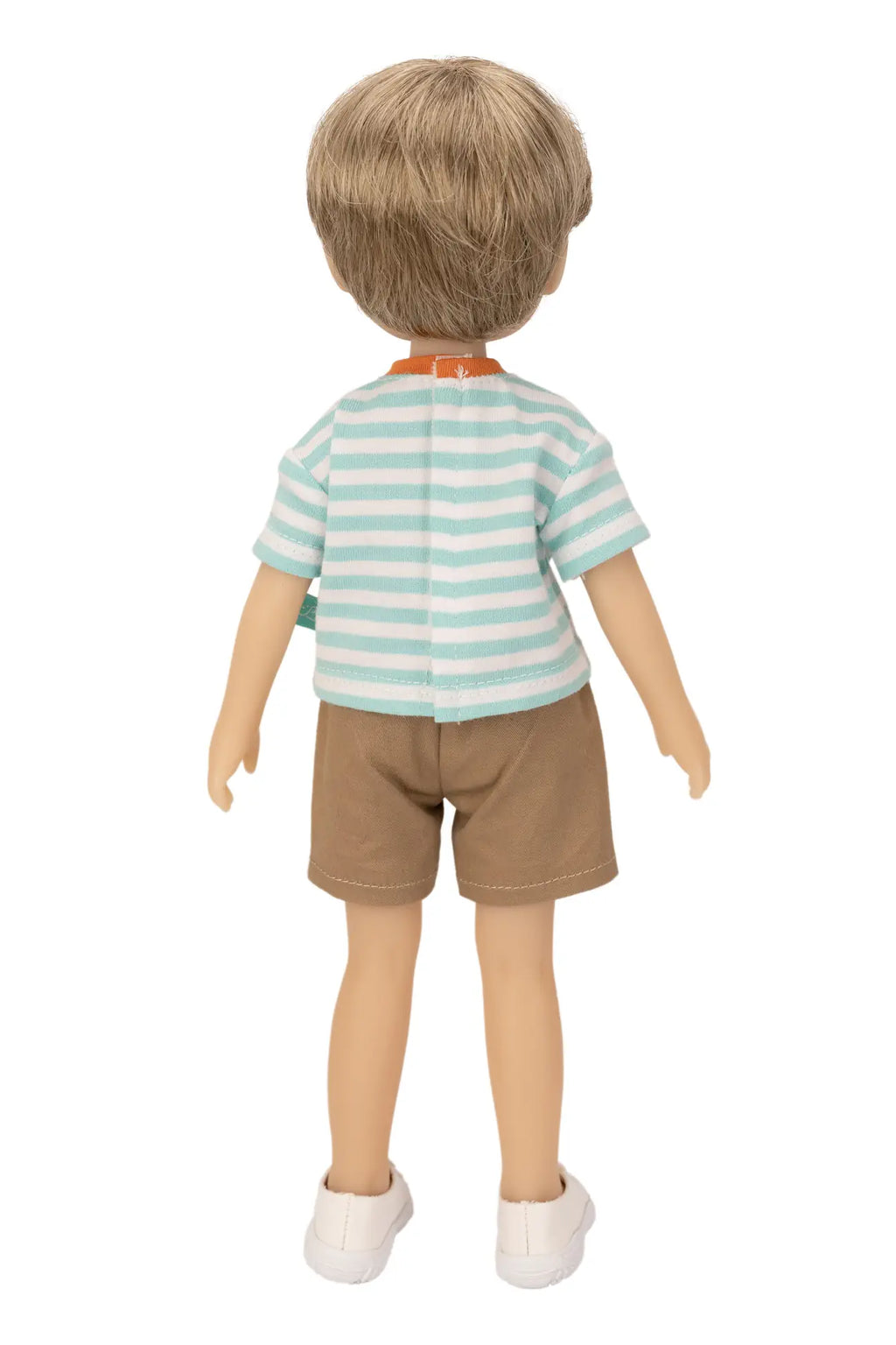 Jolli Buddies Benjamin Doll wearing a striped shirt and shorts on a white background
