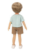 Jolli Buddies Benjamin Doll wearing a striped shirt and shorts on a white background