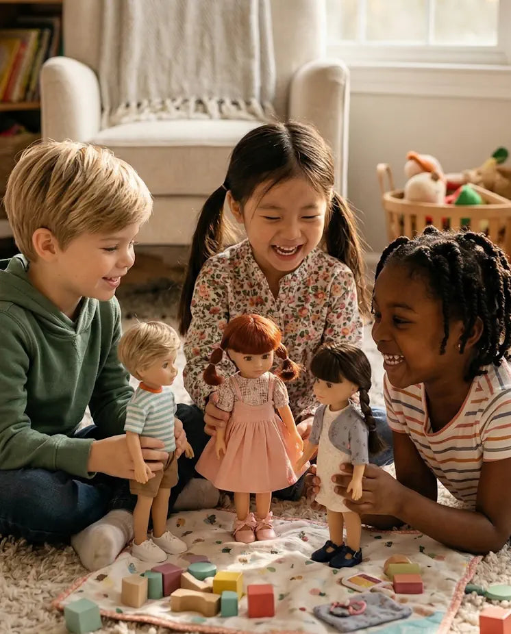 Children playing with Jolli Buddies dolls and toys on a carpeted floor.