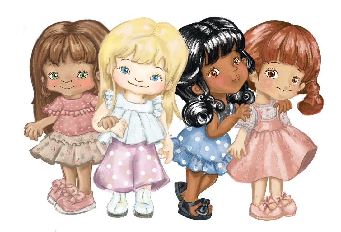Four Jolli Buddies cartoon dolls with different hair colors and outfits on a white background