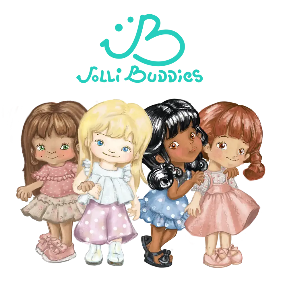 Four Jolli Buddies dolls with different hairstyles and outfits, standing together with 'Jolli Buddies' logo above.