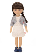 Jolli Buddies Iris Doll with a white dress and gray jacket on a white background