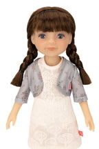 Jolli Buddies Iris Doll with braided hair wearing a white dress and gray cardigan on a white background