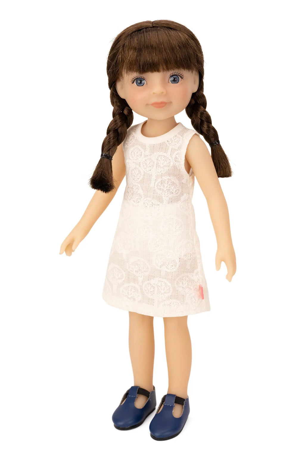 Jolly Buddies Iris Doll with braided hair wearing a white dress on a white background