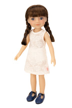 Jolly Buddies Iris Doll with braided hair wearing a white dress on a white background