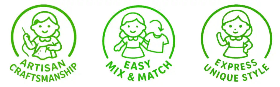 Three green icons with illustrations of a girl and text on a white background