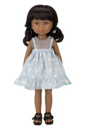 Jolli Buddies Ophelia Doll wearing a light blue dress with white polka dots on a white background