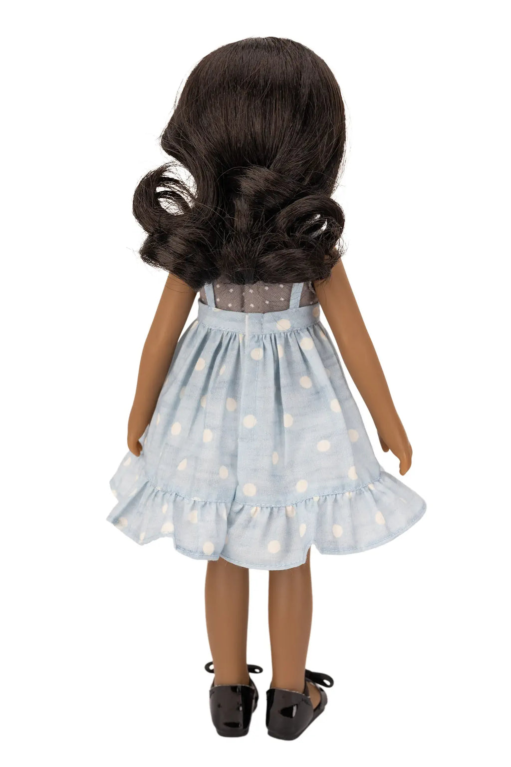 Jolli Buddies Ophelia Doll with a blue polka dot dress on a white background