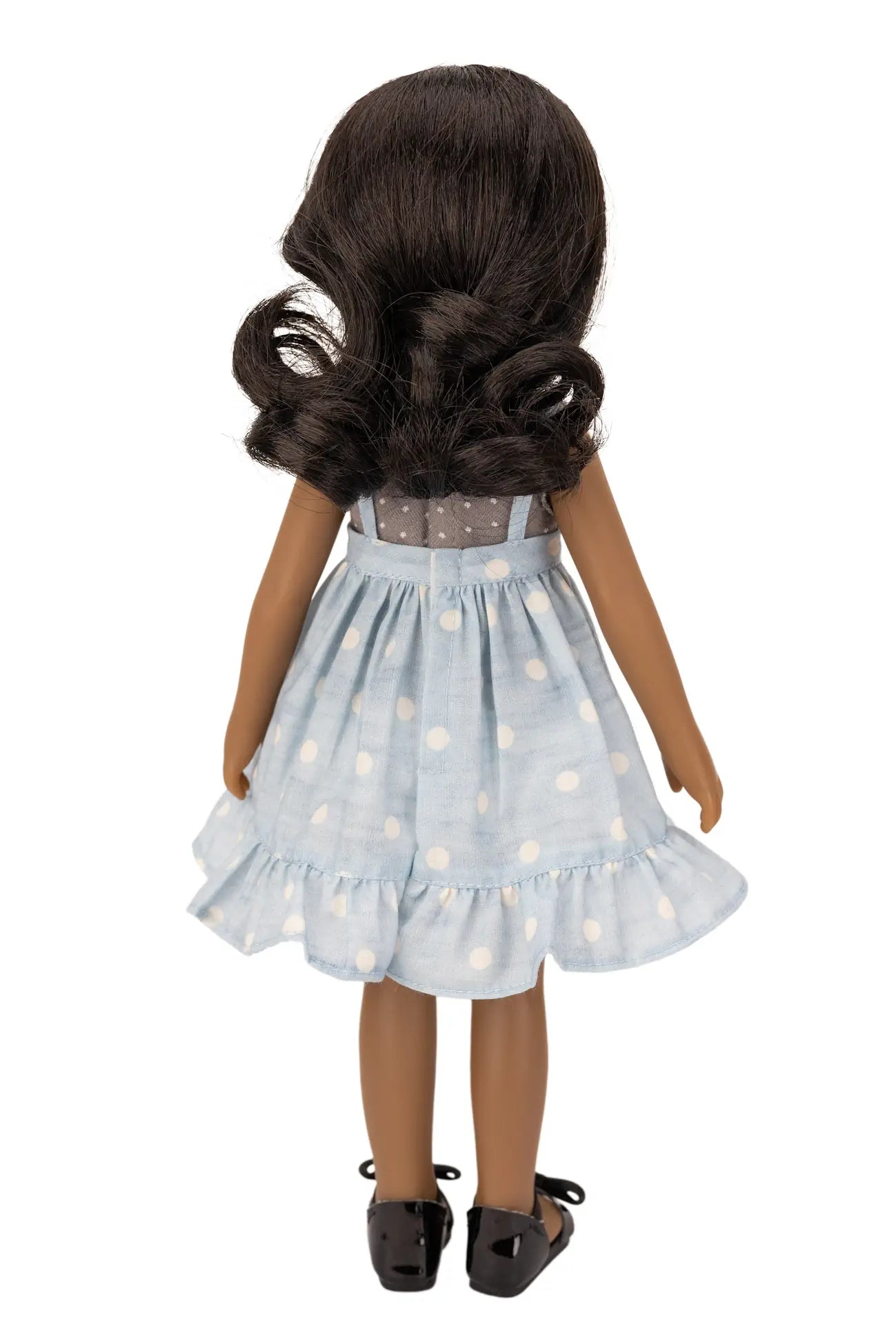 Jolli Buddies Ophelia Doll with a blue polka dot dress on a white background