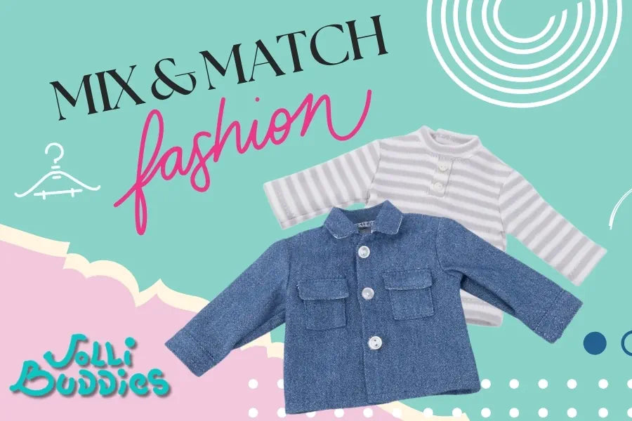 Doll clothing with 'Mix & Match Fashion' text and 'Jolli Buddies' branding on a colorful background.