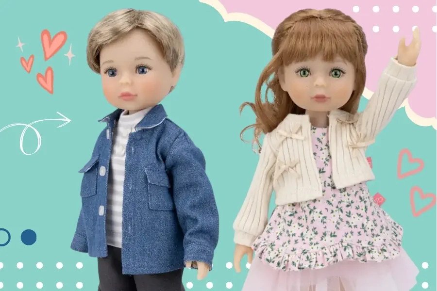 Two dolls, one boy and one girl, against a colorful background with hearts and polka dots.