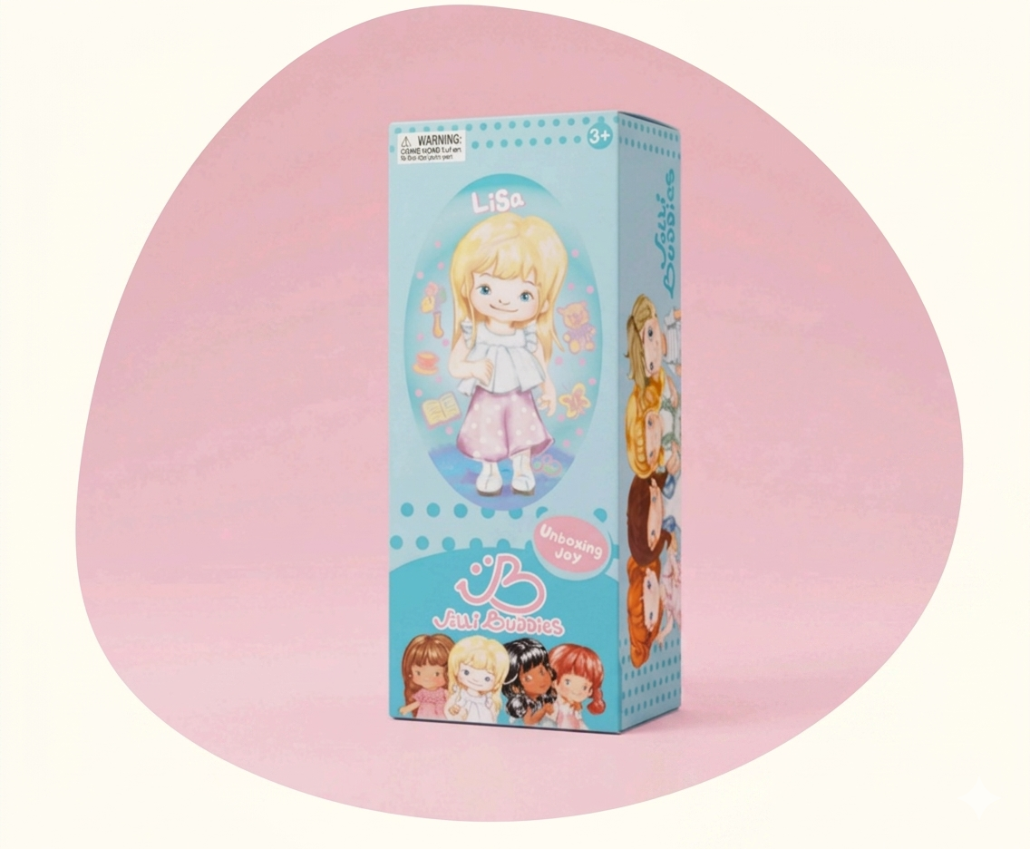 Box of a Jolli Buddies doll with a character named Lisa on a pink background