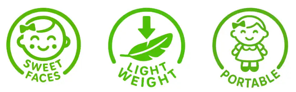 Three green icons with child-friendly designs and text on a white background