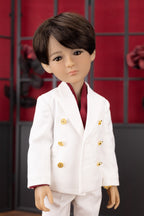 Doll wearing a white suit with gold buttons against a red and black checkered background