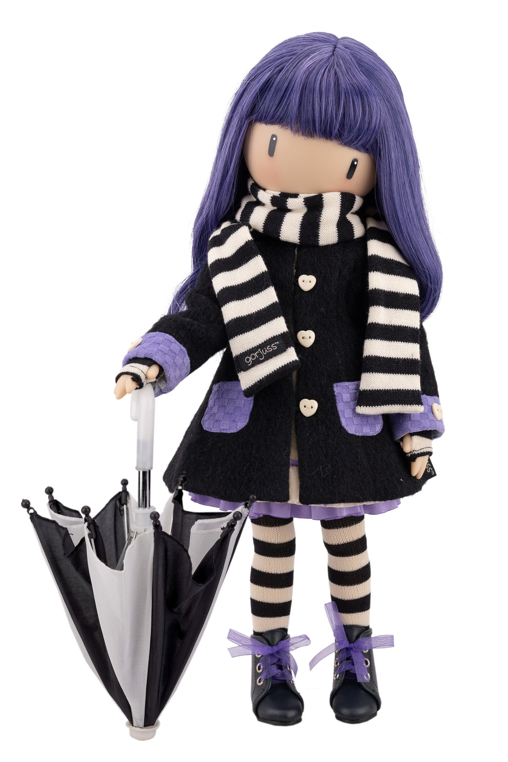 Doll with purple hair and striped outfit holding an umbrella on a white background