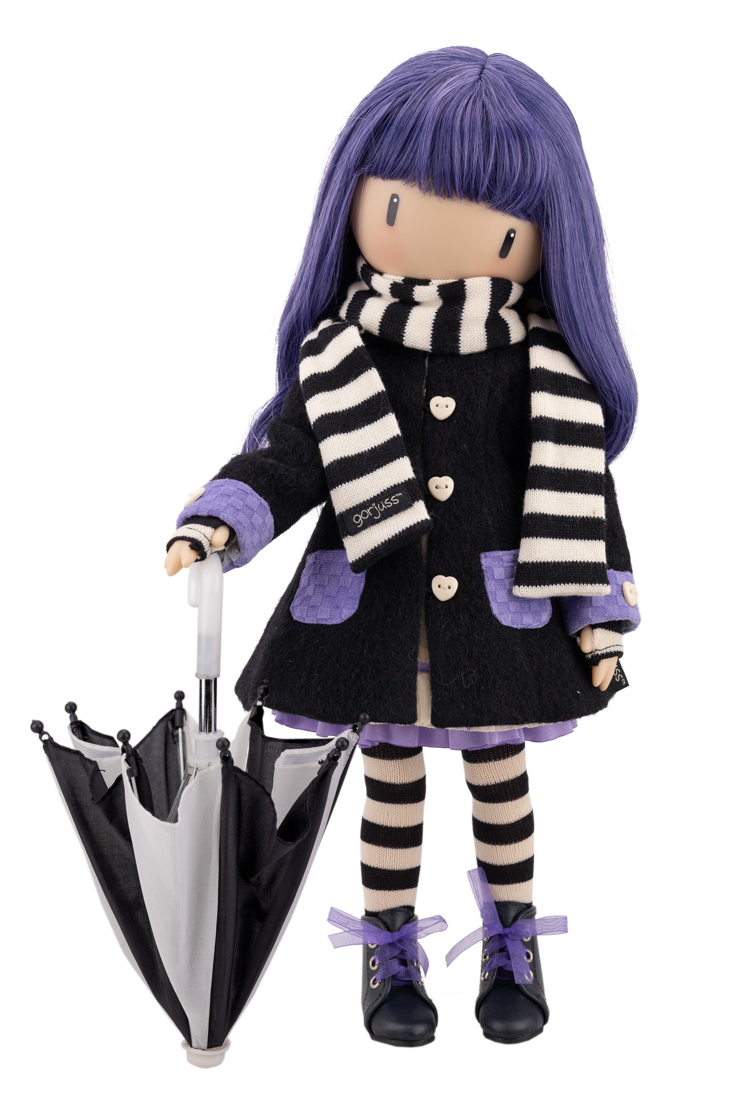Doll with purple hair and striped outfit holding an umbrella on a white background