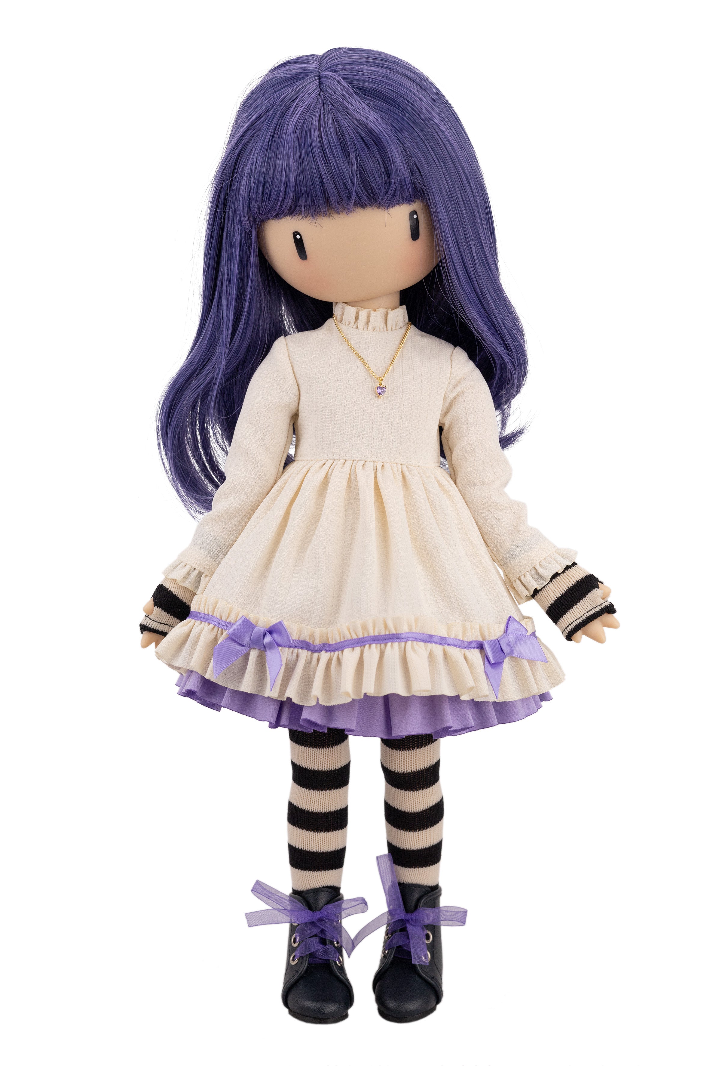 Doll with purple hair and a white dress on a white background