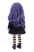 Back view of a doll with purple hair wearing a black coat on a white background