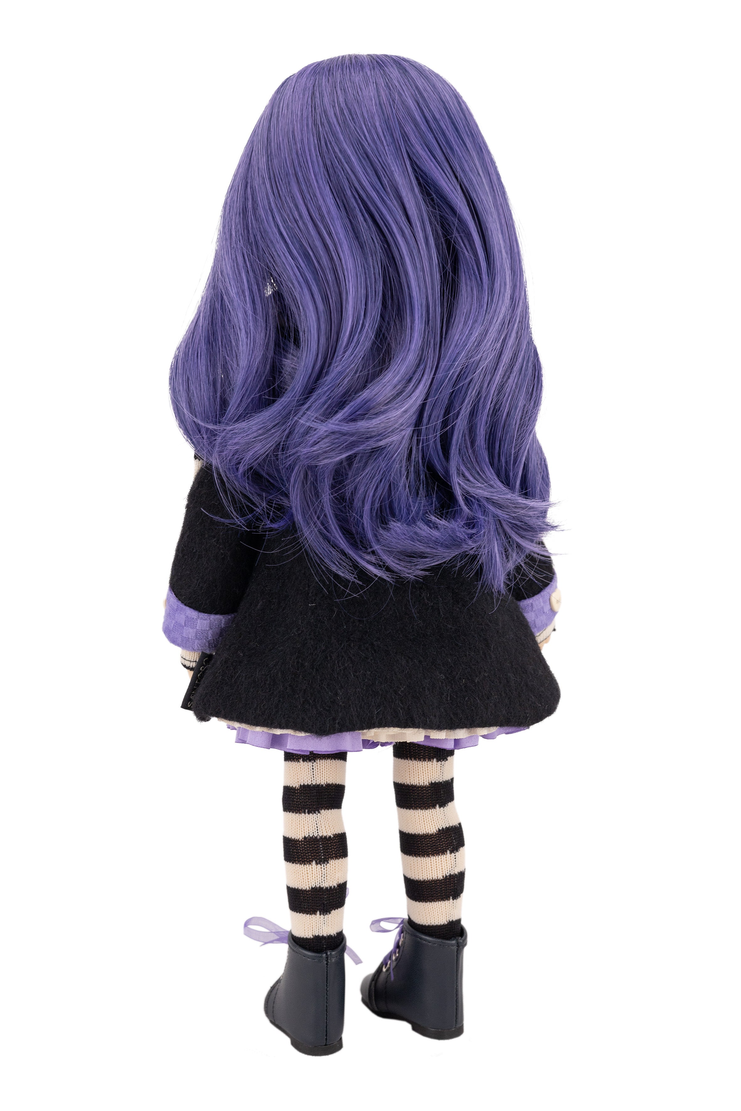Back view of a doll with purple hair wearing a black coat on a white background