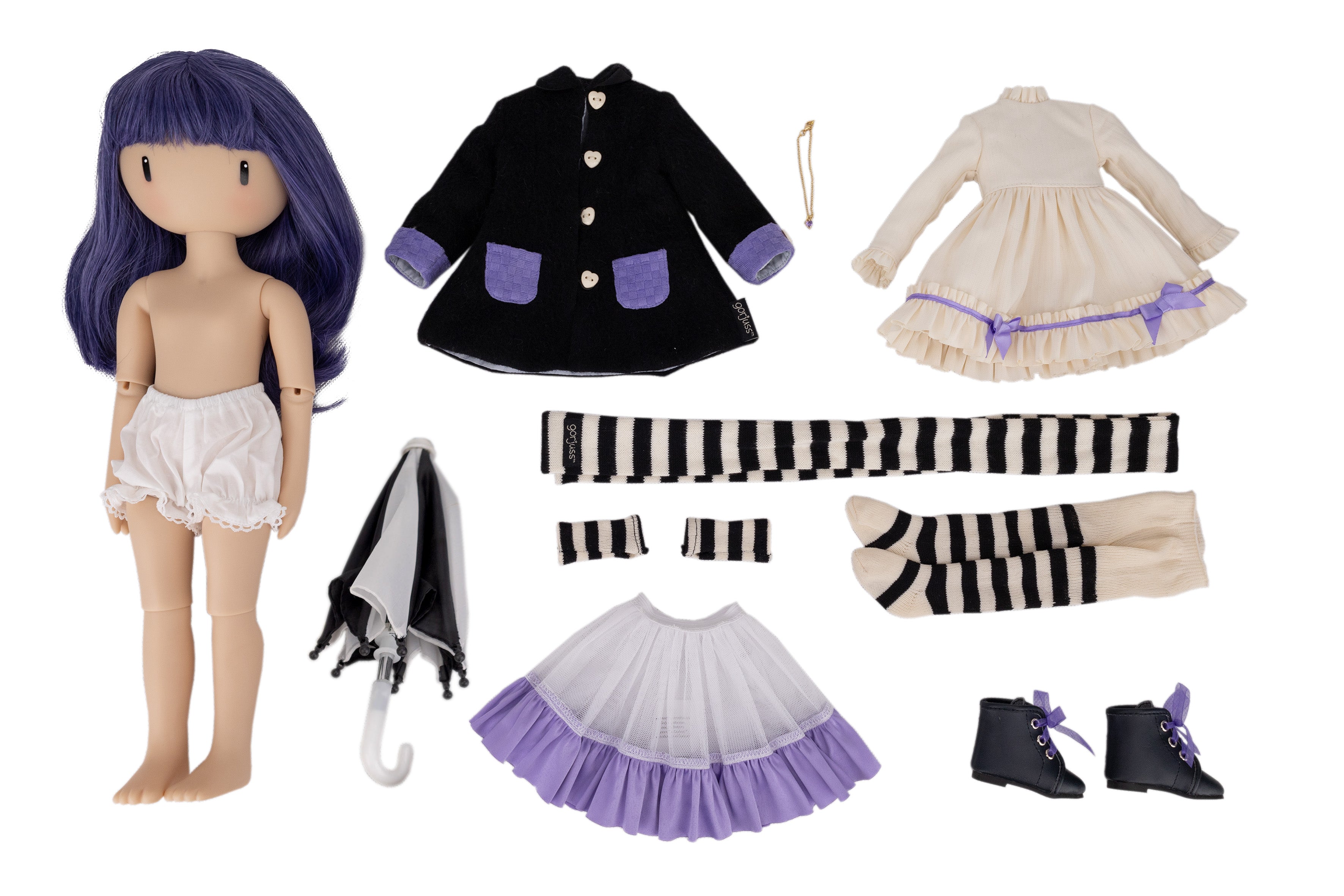 Doll with purple hair and underpant with outfit accessories on a white background