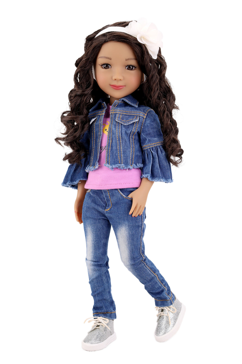 Doll wearing a denim outfit with a purple shirt on a white background