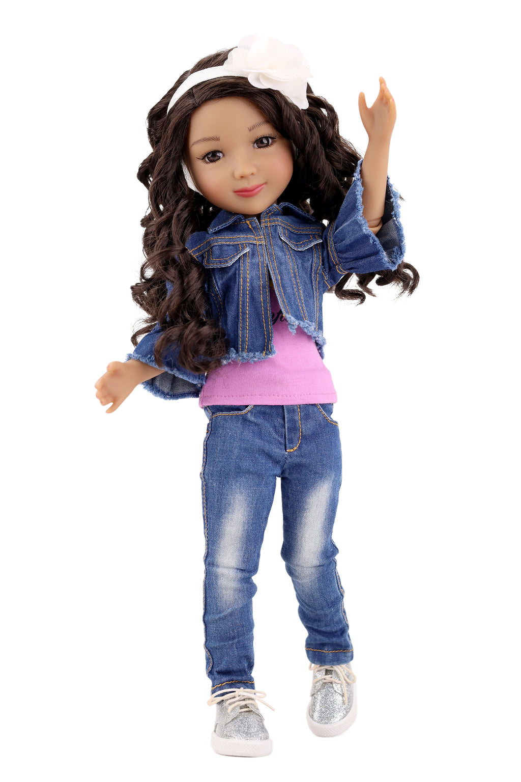 Doll wearing a denim jacket, purple shirt, and jeans on a white background